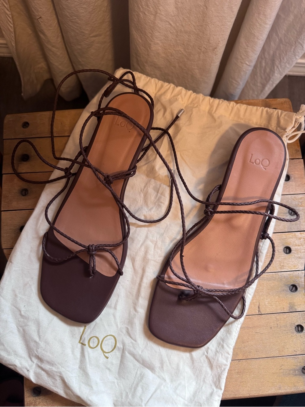 LOQ Dark Brown Braided Lace-Up Square-Toe Sandals